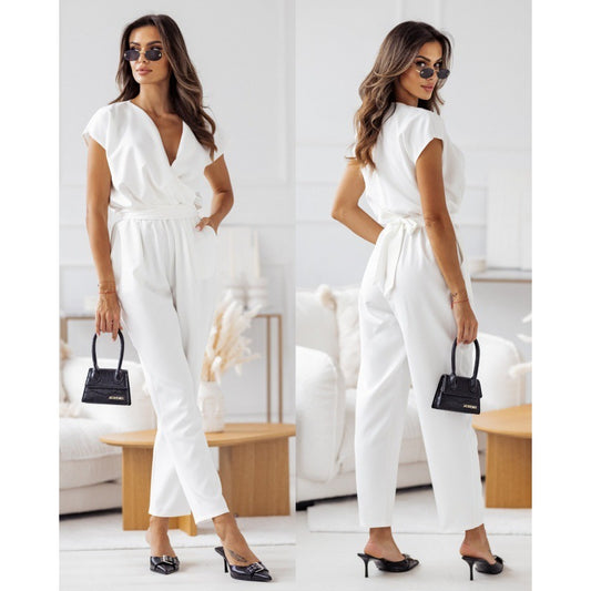 Fashion Solid Color Slimming Short-sleeved Jumpsuit Summer Lace-up Trousers