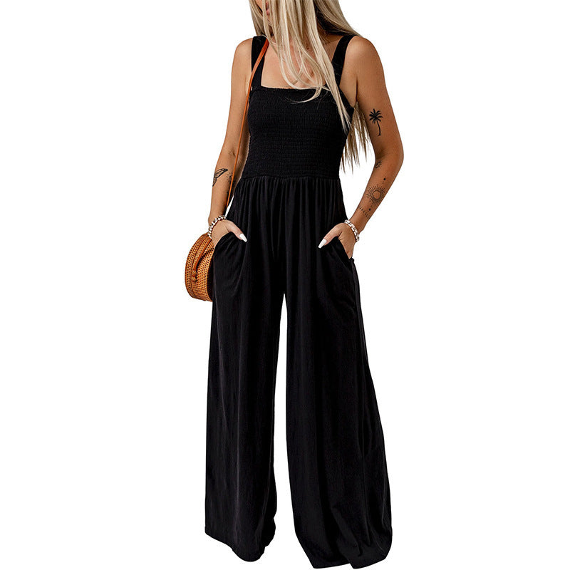 Summer Square Neck High Waist Jumpsuit Women's Backless Pleated