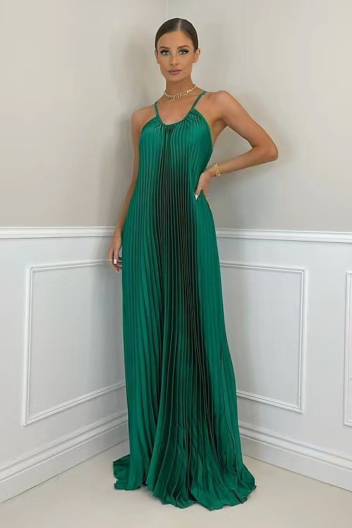 Banquet Simple Temperament Pleated Long Halter Dress