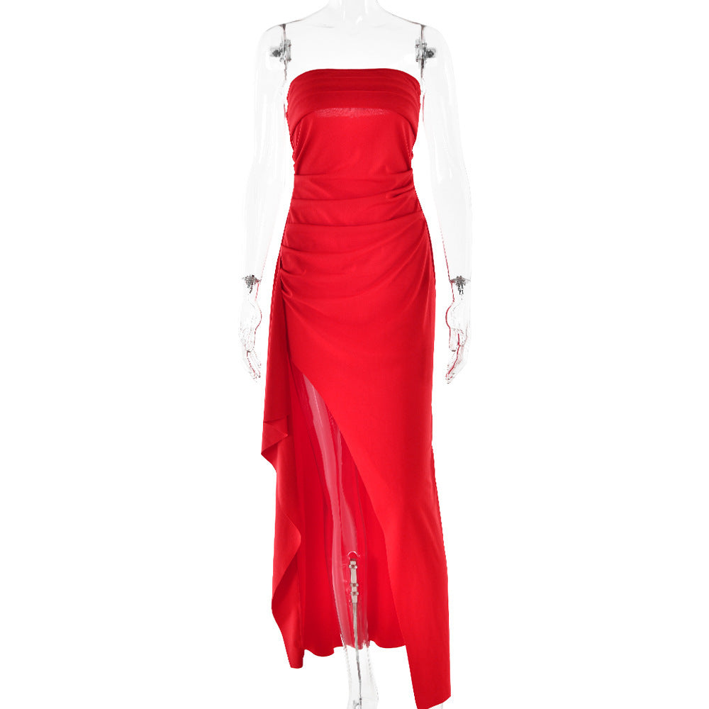 Trägerloses, geteiltes, langes Kleid, Sommermode, plissiertes Brautjungfernkleid für Damen, Party, Hochzeit, Kleidung